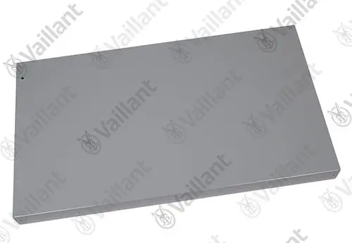 Grauer Metalldeckel von Vaillant, rechteckige Form, ohne sichtbare Öffnungen oder Beschriftungen, auf einem weißen Hintergrund.